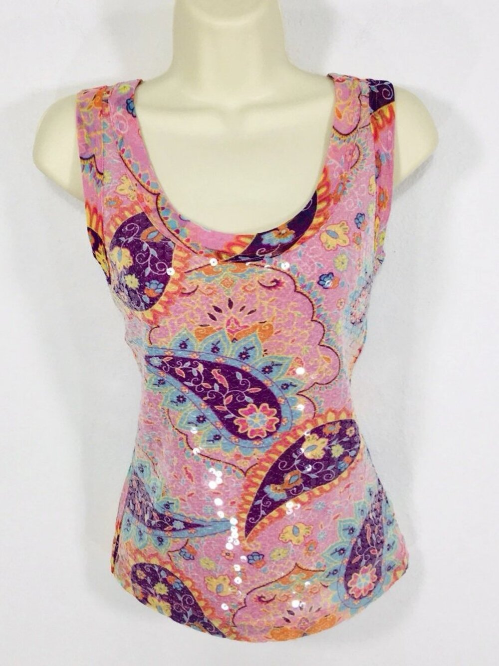 John Paul Richard Vtg Paisley Sequin Mesh Top Sz S Fairy Whimsy Shimmer